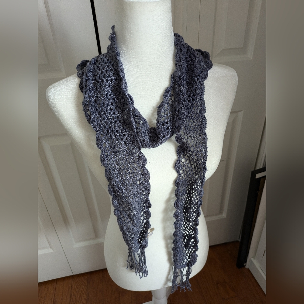 Blue Lace Silk Scarf with Open-Work Pattern